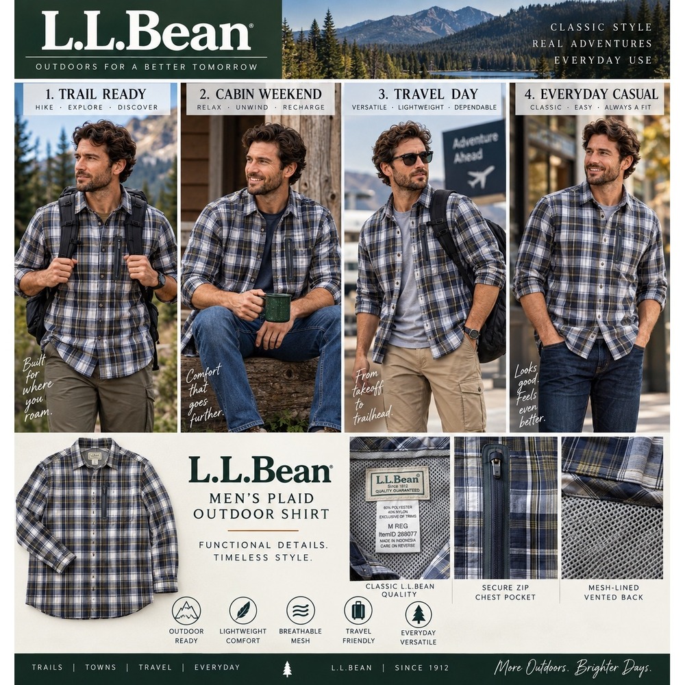 LL Bean Mens M Plaid Hiking Shirt Long Sleeve Zip Pocket Nylon Outdoor 288077